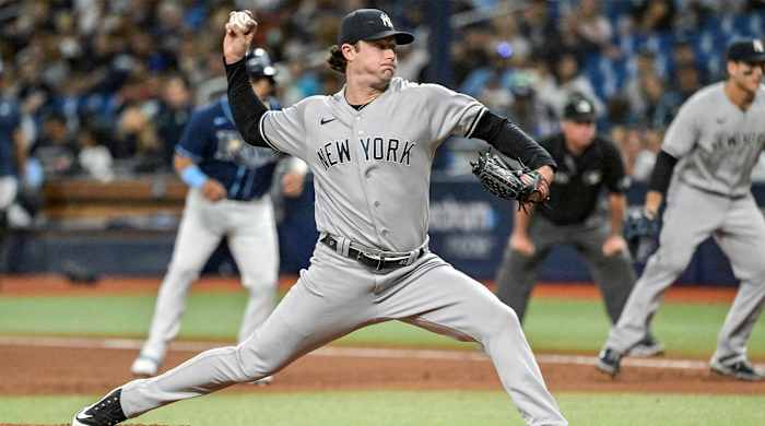New York Yankees starter Gerrit Cole pitches against the Tampa Bay Rays during the eighth inning of a baseball game, Monday, June 20, 2022, in St. Petersburg, Fla.